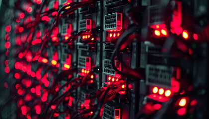Wall Mural - hacked server farm with red warning lights flashing - wide format