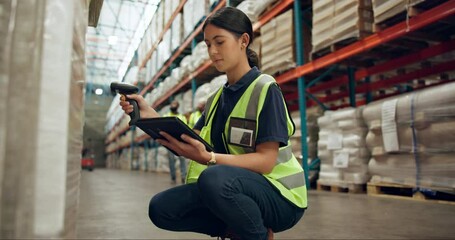 Canvas Print - Woman, tablet and box with scanner for logistics, pricing or inventory inspection at warehouse. Female person, employee or depot inspector scanning stock, parcel or package with technology for price