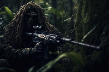 Wall Mural - Man in the jungle with a machine gun. Dark forest. Selective focus, tries to aim and make a shot from the machine gun, AI generated