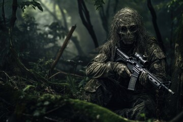 Wall Mural - Man in the jungle with a machine gun. Dark forest. Selective focus, tries to aim and make a shot from the machine gun, AI generated