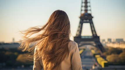 Wall Mural - Beautiful young woman with flying hair near the Eiffel tower. Travelling Concept with Copy Space.