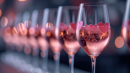 Poster - A row of glasses with pink champagne. Generative AI.