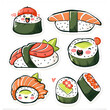 Japanese sushi set. Asian Japan food. Colorful set of sushi from different types maki, uramaki rolls, nigiri, temaki snacks. set japan asian food vector logo design pack isolated. Vector illustration