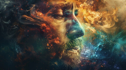 Wall Mural - A man’s profile is artistically blended with cosmic and fiery elements, evoking a sense of the universe within