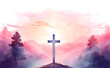 Watercolor cross on hill of Calvary against pastel sky scene background for Christian religious Easter concept