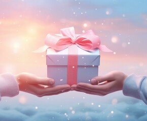 Poster - Two hands holding a gift box with a pink ribbon. Generative AI.