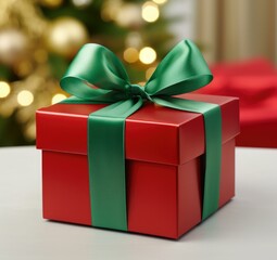 Poster - A red present with a green bow on a table in front of a christmas tree. Generative AI.