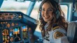 © klss777 - Woman airplane pilot sits in the cockpit seat and smiles at the camera in uniform.