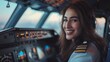 © klss777 - Woman airplane pilot sits and smiles at the airplane cabin in uniform.