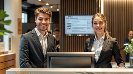 two people are standing at a reception desk, smiling for the camera. the woman is wearing a black ja