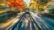 A train drives away from the camera, vibrant colors surround it, and the environment appears in motion blur.