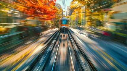 Wall Mural - A train drives away from the camera, vibrant colors surround it, and the environment appears in motion blur.