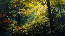 Autumn Forest Landscape. Foliage, Nature, Moss, Rays, Melancholy, Sun, Light, Harvest, Mushrooms, Yellow, Red, Fallen Leaves, Fog. Generated By AI