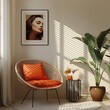Modern living room interior design with bright orange color 