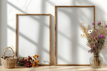 simple minimalist blank white two thin wooden frame mock up in vertical position with blank.