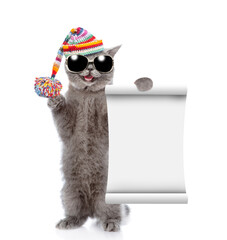 Poster - Happy cat wearing sunglasses and knitted warm woolen hat with pompon shows blank list. isolated on white background