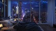 A room with a view of the city from the bed, penthouse bedroom at night 