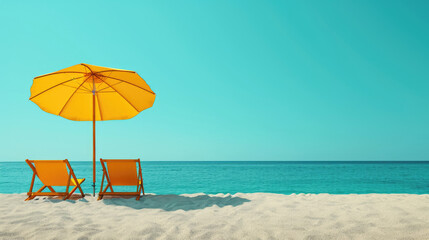 Beach scene with umbrella, chairs, and clear blue skies, perfect for a sunny vacation getaway to sea view background bannner copy space area