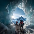 An adventurer backpacking in a glacier with surrounding ice walls creating an otherworldly tunnel effect