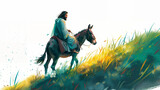 Fototapeta Sport - A serene illustration of Jesus riding a donkey, capturing the essence of Palm Sunday in a bright watercolor style.