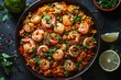 Luxurious Spanish paella filled with seafood delicacies served on a wooden table.