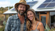 © tong2530 - Couple stands smiling in the driveway of a large house with solar panels installed.