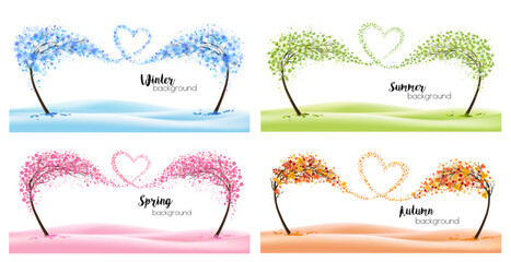 Aufkleber - Four season nature backgrounds with stylized trees representing a seasons - winter, spring, summer and autumn. Vector.