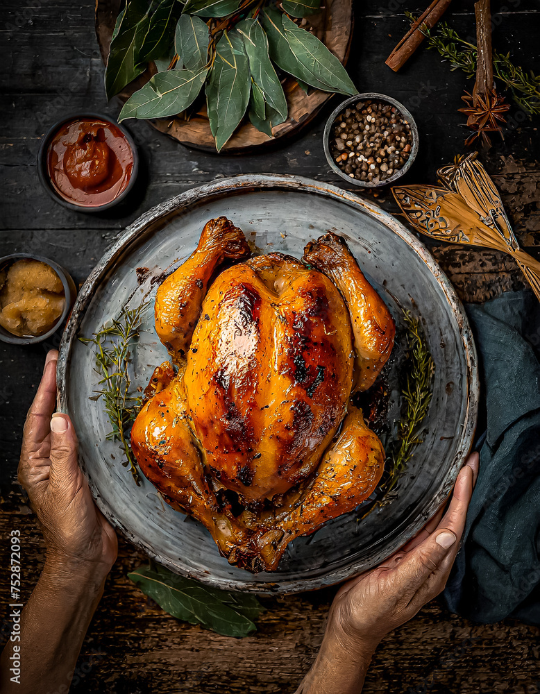 FRANGO ASSADO: UM CLOSE UP DE UM FRANGO IINTEIRO ASSADO EM UM PRATO VINTANGE EM UM ESTILO DARK FOOD