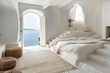 A serene cave bedroom featuring a comfortable bed, natural textures, and a breathtaking view of the sea. Generative AI