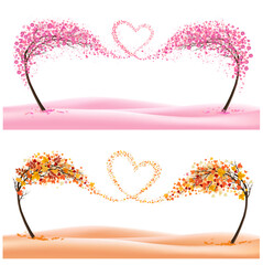 Leinwandbilder - Two season nature backgrounds with stylized trees representing a seasons - spring and autumn. Trees with flying leaves and summer flowers collected in the shape of a heart. Vector.