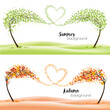 Two season nature backgrounds with stylized trees representing a seasons - summer and autumn. Trees with flying leaves and summer flowers collected in the shape of a heart. Vector.