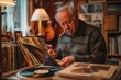 © pisan - Elderly Man Enjoying Vintage Music Collection in Cozy Room Surrounded by Vinyl Records and Antiques