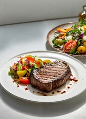 Canvas Print - Delicious juicy grilled medium rar beef steak with vegetables salad on white plate, close up, macro