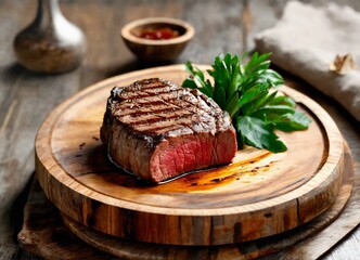 Poster - Delicious juicy grilled medium rar beef steak with parsley on wooden plate, close up