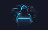 Fototapeta Konie - Abstract polygonal hacker with laptop on technology dark background. Cyber attack and cyber security concepts. Computer hacking. Digital technology. Man in hoodie. 3D low poly vector illustration. 