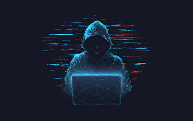 Leinwandbilder - Abstract polygonal hacker with laptop on technology dark background. Cyber attack and cyber security concepts. Computer hacking. Digital technology. Man in hoodie. 3D low poly vector illustration. 