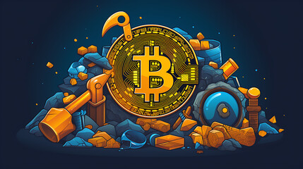 Sticker - Line icon depicting the use of pickaxe for mining  Bitcoin