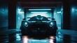car was parked in a dark garage,supercar,A strip of light spread over the car,close-up,front view,diagonal composition,up view