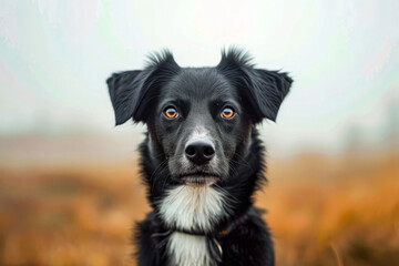 Canvas Print - Black and white dog with collar on staring straight ahead into the camera.