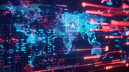 Wall Mural - A Digital World Map and an AI Symbol: An image with a world map in the background and an AI symbol on top, reflecting the global impact and presence of artificial intelligence in the digital world