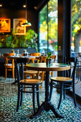 Canvas Print - Restaurant with wooden tables and chairs has green plant on one table as decoration.