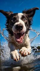 Poster - Dog with large mouth and big eyes is running through water leaving trail of splashes behind it.