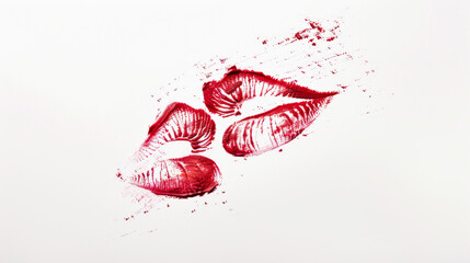 Dynamic red lipstick kiss mark on a white background