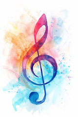 Wall Mural - Music note background isolated on a white background showing a colourful watercolour painting of a treble clef which is a musical notation symbol, stock illustration image