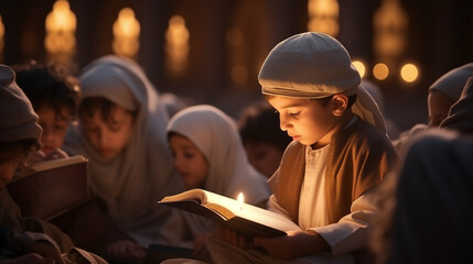 Muslim child with smile face reads the holy Quranthe public, item of all muslims. Quran in hand, holy book of Muslims, muslim child and book in school, Students read Muslim books.