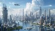A Futuristic Cityscape with AI Integration: An artistic rendering of a futuristic city skyline with AI-powered technologies seamlessly integrated into daily life, such as autonomous vehicles