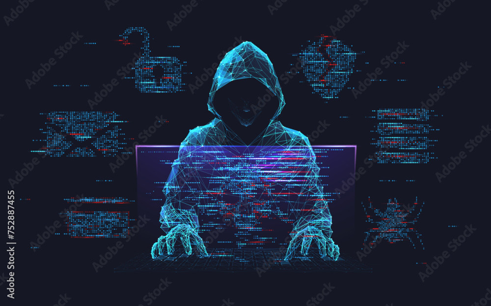 Fraud or scam background. Abstract hacker behind the monitor hologram ...