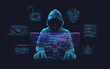 Fraud or scam background. Abstract hacker behind the monitor hologram with programmer code. Cybercriminal icons on a background. Cyber attack, computer hack, cybersecurity concept. Vector illustration