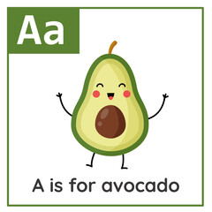 Wall Mural - Learning English alphabet for kids. Letter A. Cute cartoon avocado.