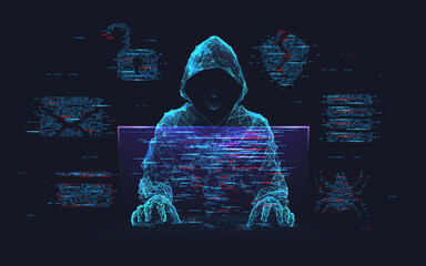 Fototapete - Fraud or scam background. Abstract hacker behind the monitor hologram with programmer code. Cybercriminal icons on a background. Cyber attack, computer hack, cybersecurity concept. Vector illustration